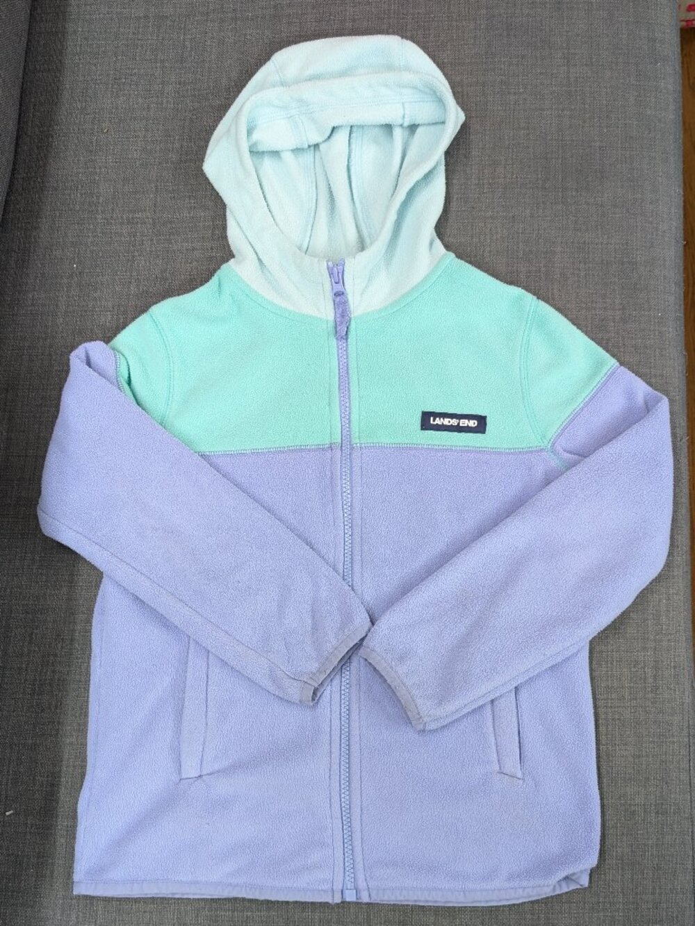 Lands' End Girls Fleece Hooded Sweater: Purple & Teal - Size M/8